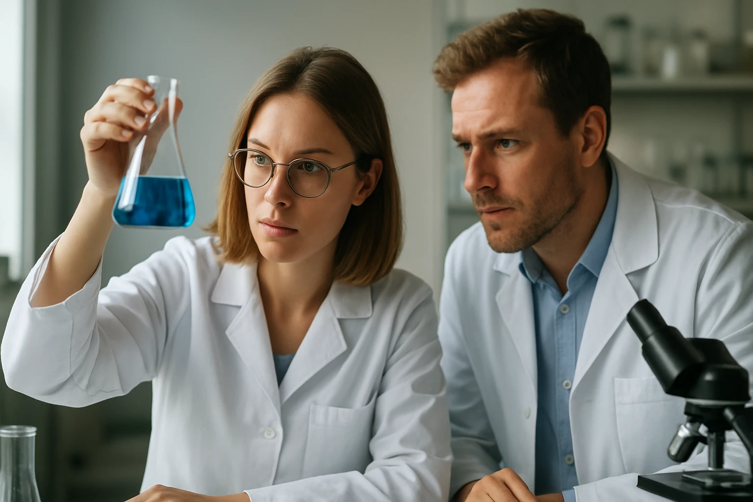 Két tudós acetonitril oldatot vizsgál laboratóriumban.