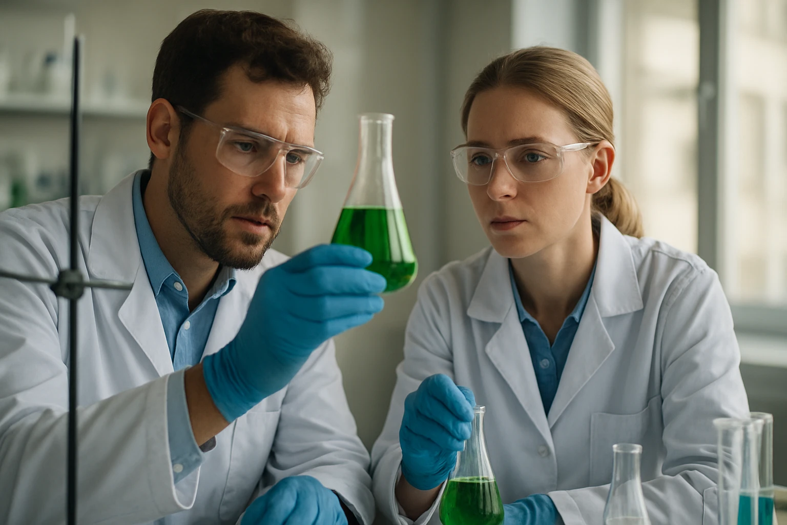 Két kutató laboratóriumban benzoil-dikarbonsavat vizsgálva