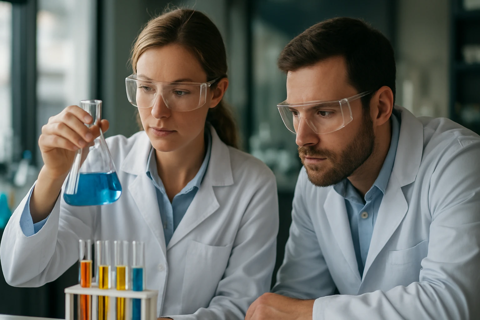 Kémikusok laboratóriumi vizsgálat közben színes vegyületekkel.