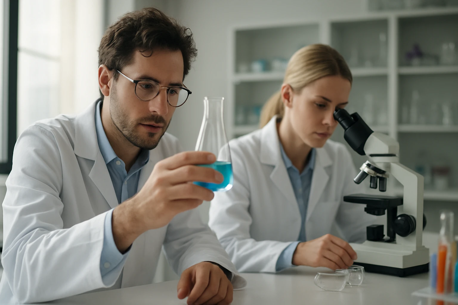 Két kutató laboratóriumban, kék folyadékkal töltött lombikkal és mikroszkóppal dolgoznak.