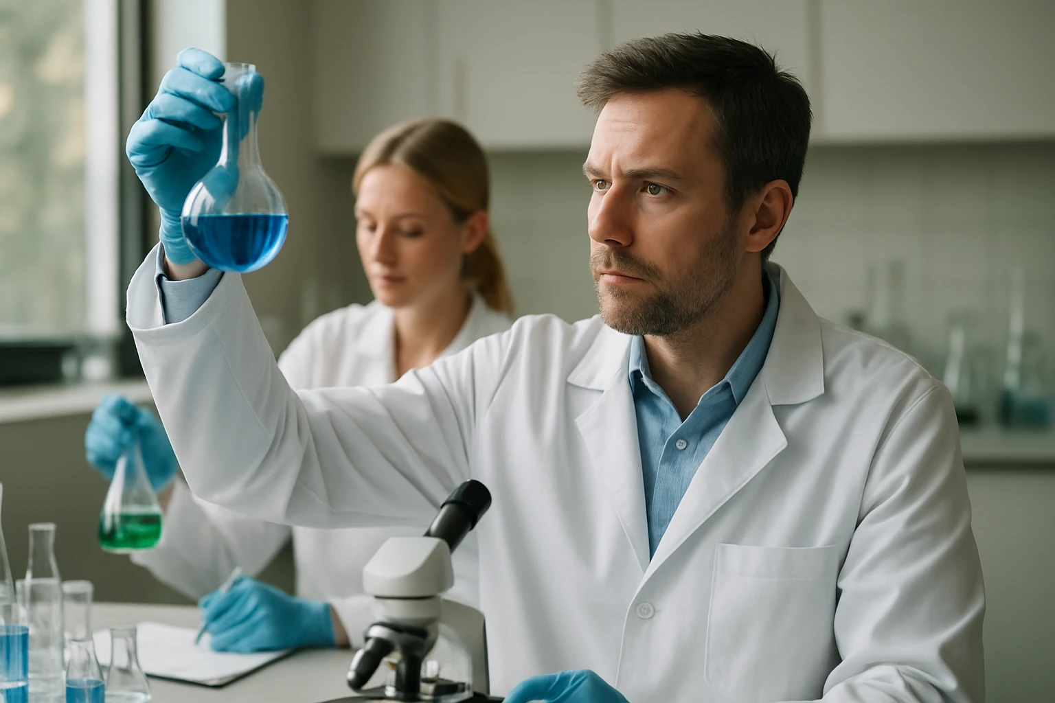 Diklorbenzol: Képlet, Jellemzők és Alkalmazási Területek Két kémikus laboratóriumban, kék folyadékot vizsgálnak.