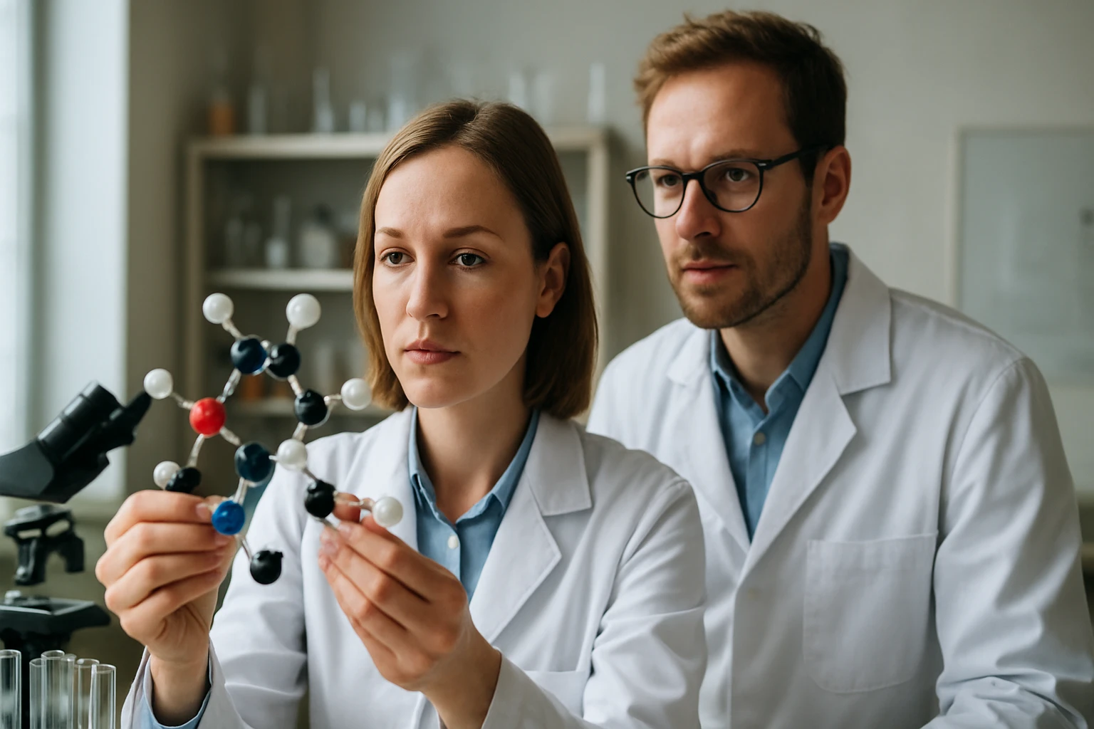 Dinitrogén-tetraoxid: Képlete, Jellemzői és Alkalmazási Területei Két tudós dinitrogén-tetraoxid molekulát vizsgál, laboratóriumban.