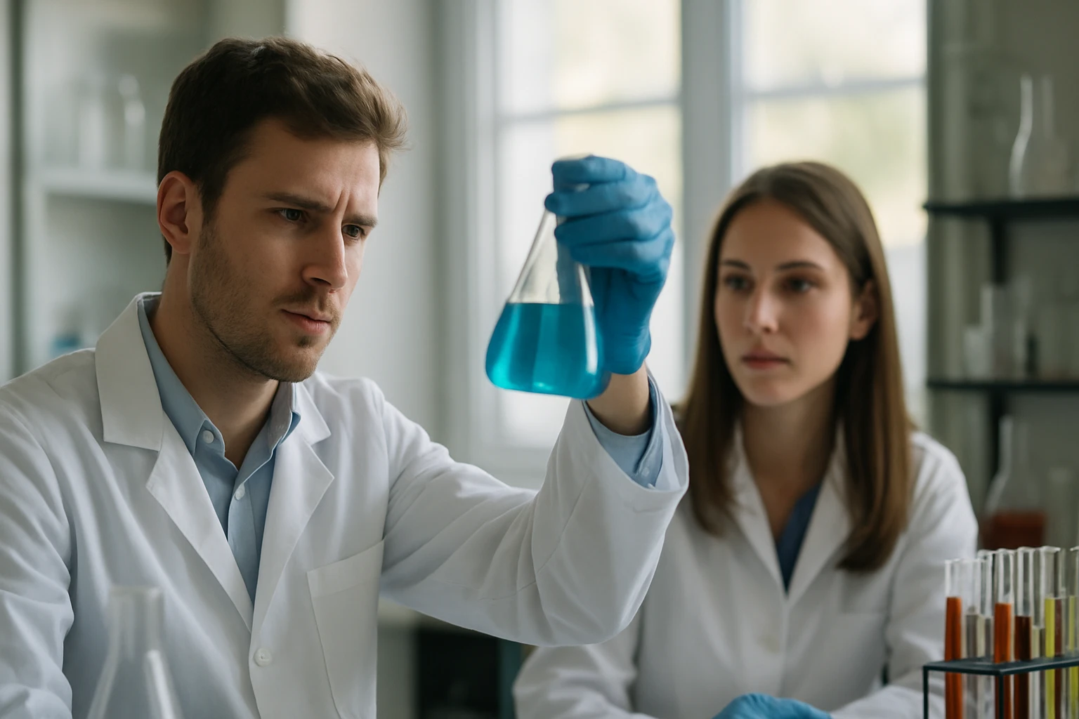 Két kutató laboratóriumban, kémiai kísérletet végezve.