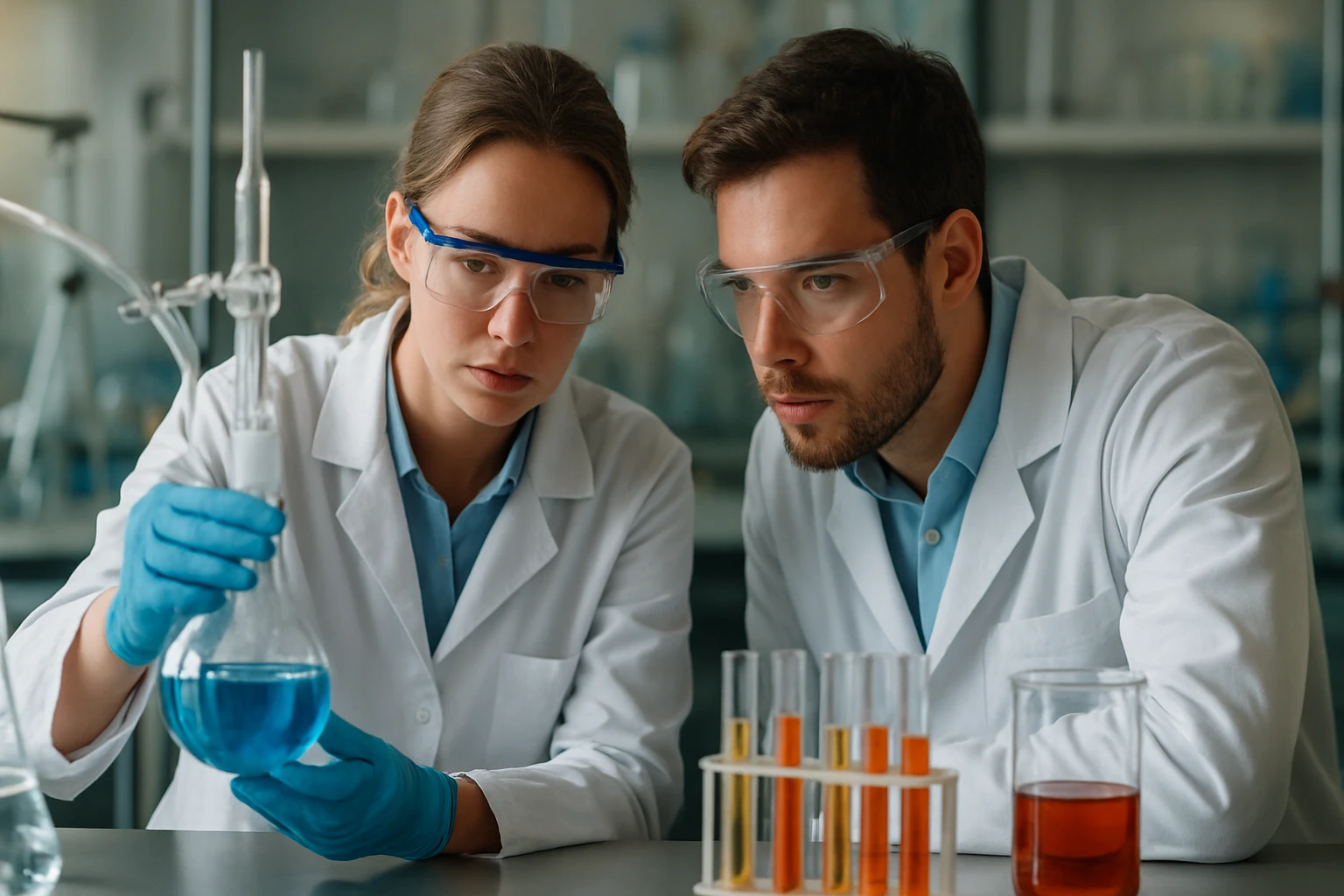 Két kémikus laboratóriumban pK értékkel kapcsolatos kísérletet végez.