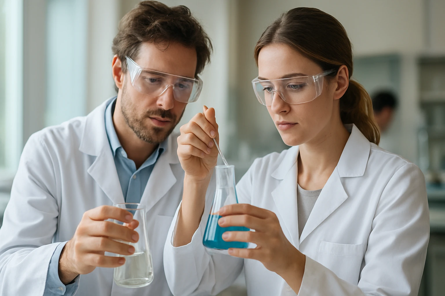 Két kutató kémiai kísérletet végez egy laboratóriumban