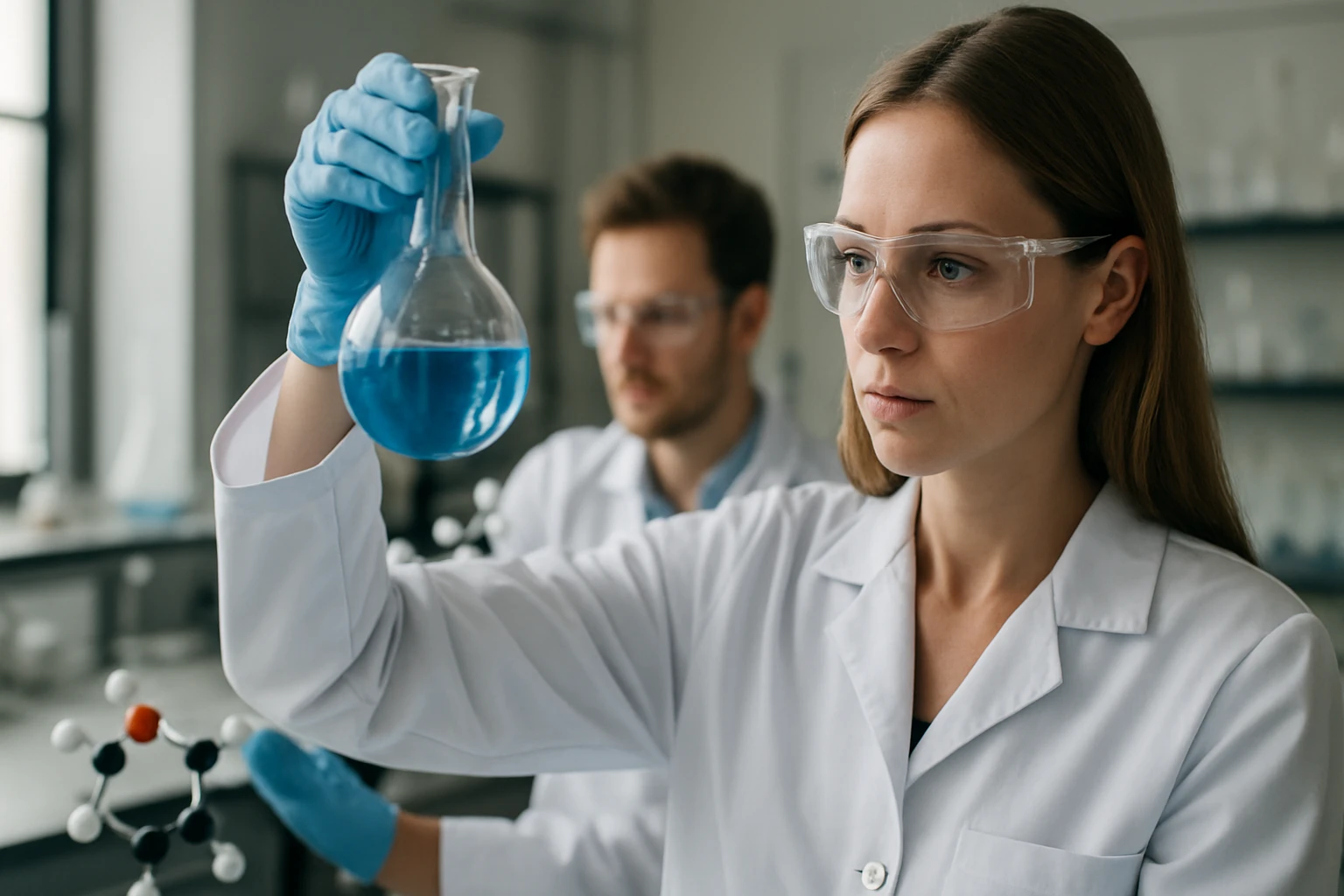 Kémiai kísérlet laboratóriumban fehér köpenyben dolgozó kutatókkal.