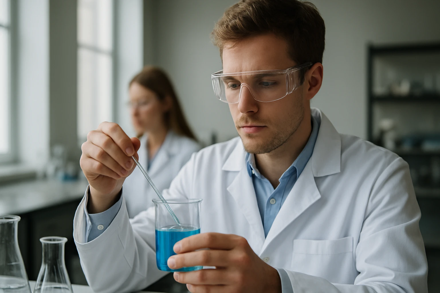 Kísérletező kutatók laboratóriumi környezetben dolgoznak kémiai analízisen.