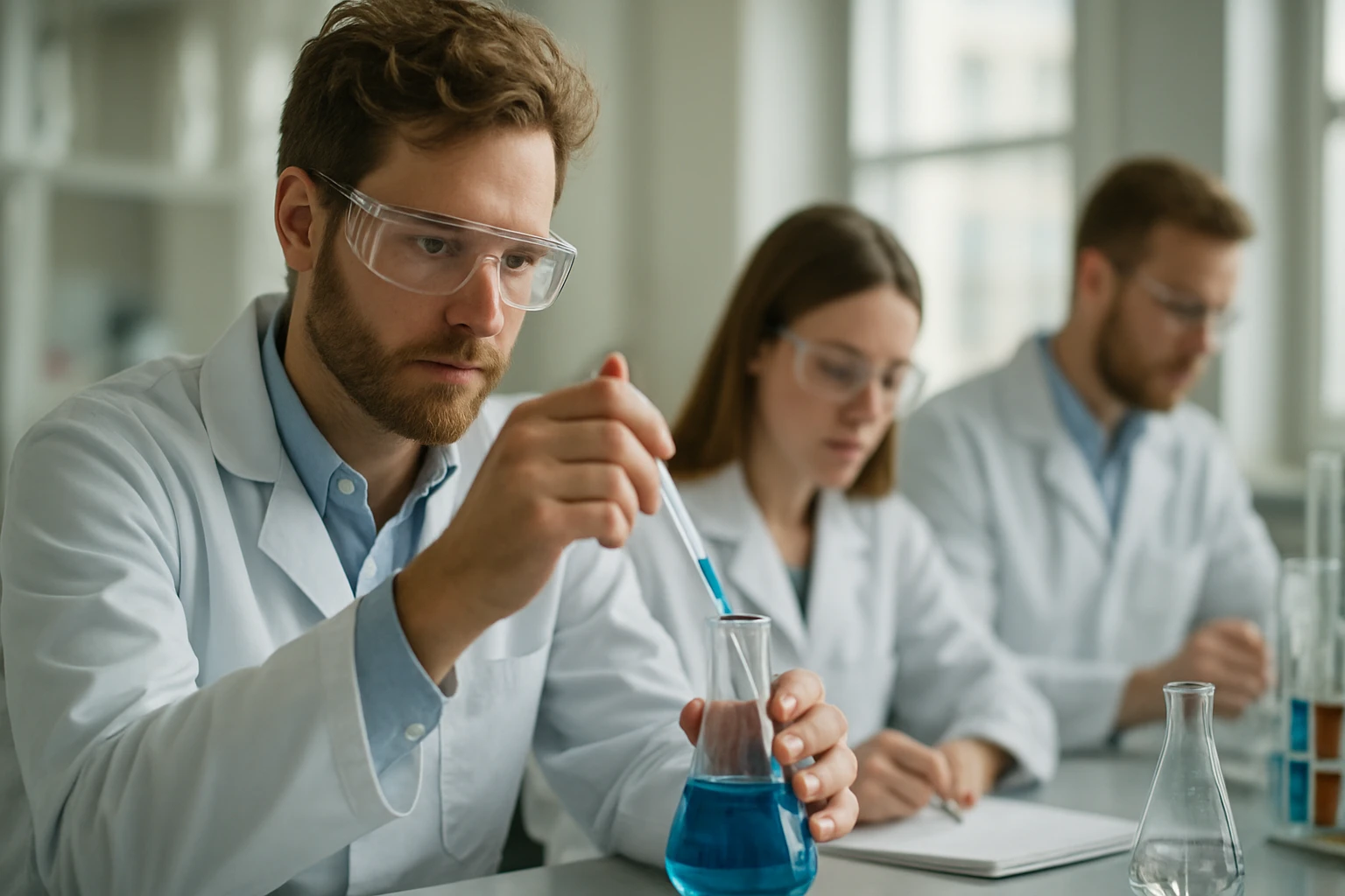 Kémiai laboratóriumi kutatás: tudósok új molekulákkal dolgoznak.