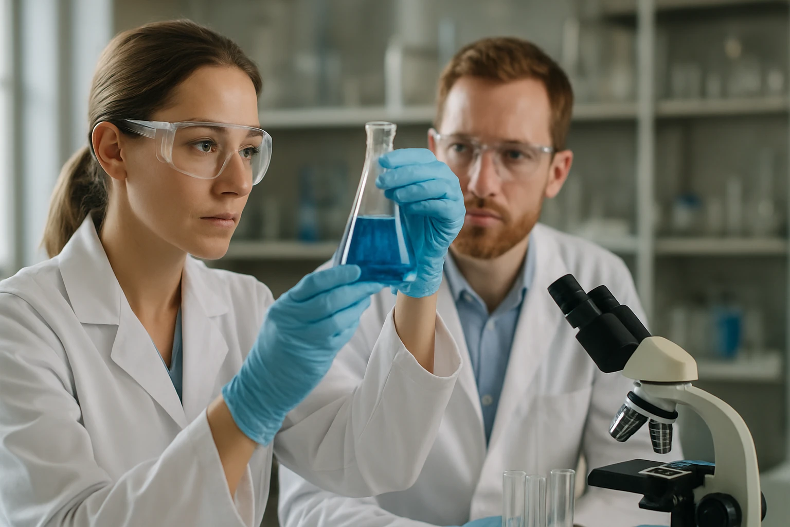 Két vegyész laboratóriumban, üvegkelyhet tartva, kék folyadékkal.