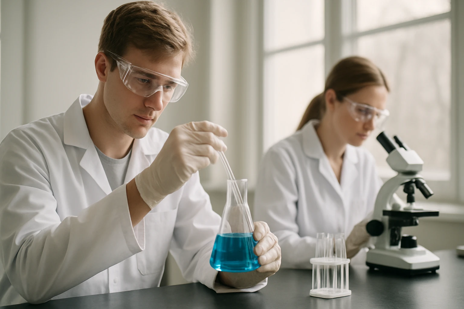 Két tudós laboratóriumban kémiai kísérleteket végez.