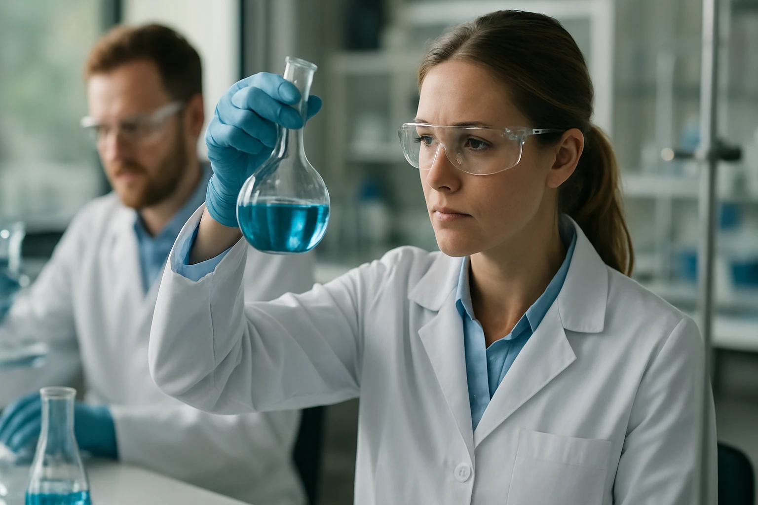 A hidrogén jelentése és részletes magyarázata Nő laboratóriumban kék oldatot tartalmazó lombikot vizsgál.