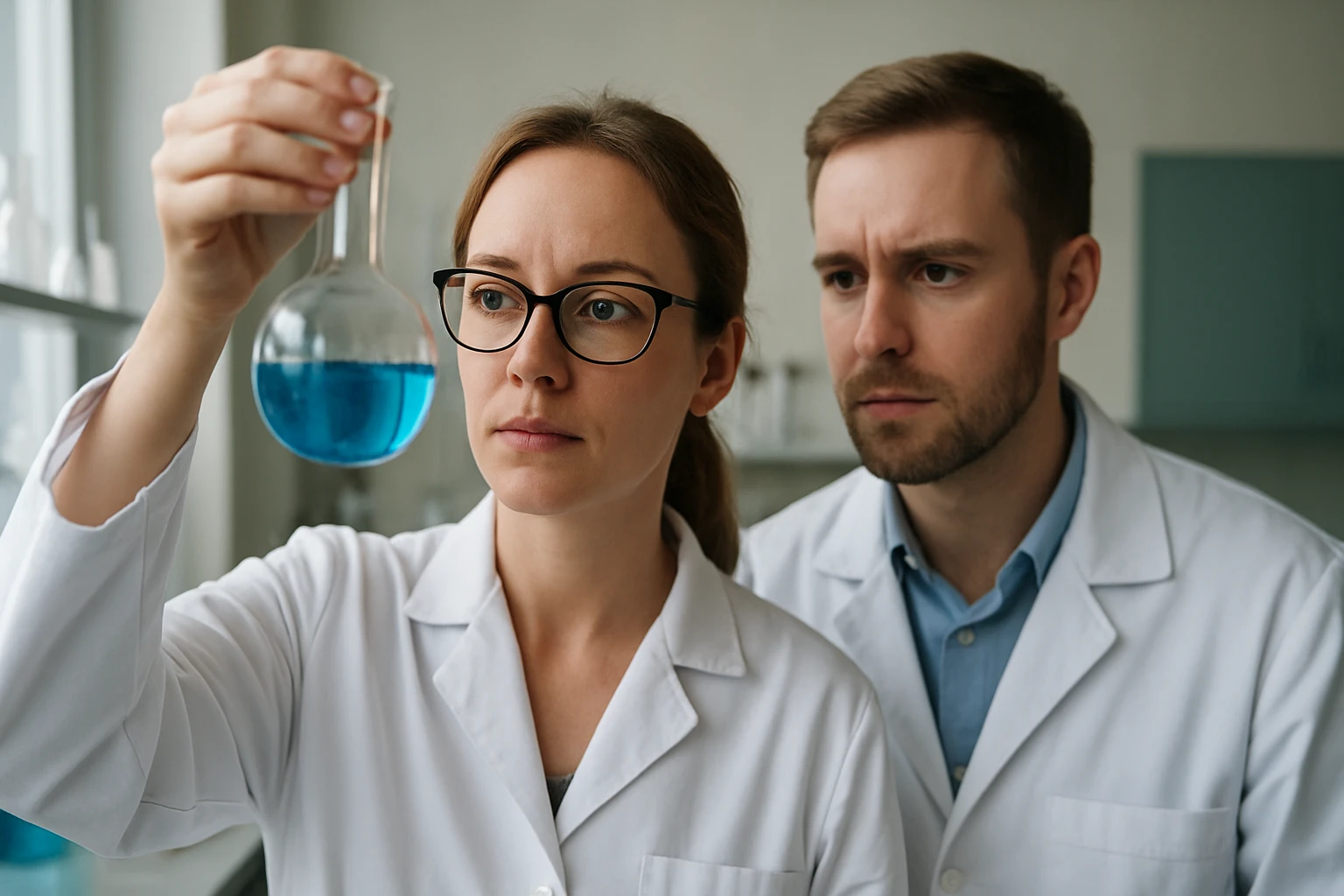 Két kémikus kék folyadékkal teli lombikot vizsgál a laboratóriumban.