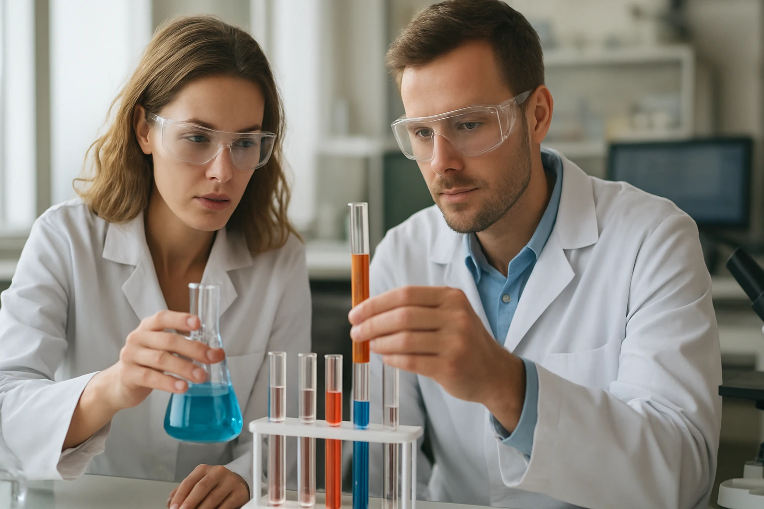 Két kutató laboratóriumi kémiai kísérletet végez, különböző folyadékokkal dolgoznak.