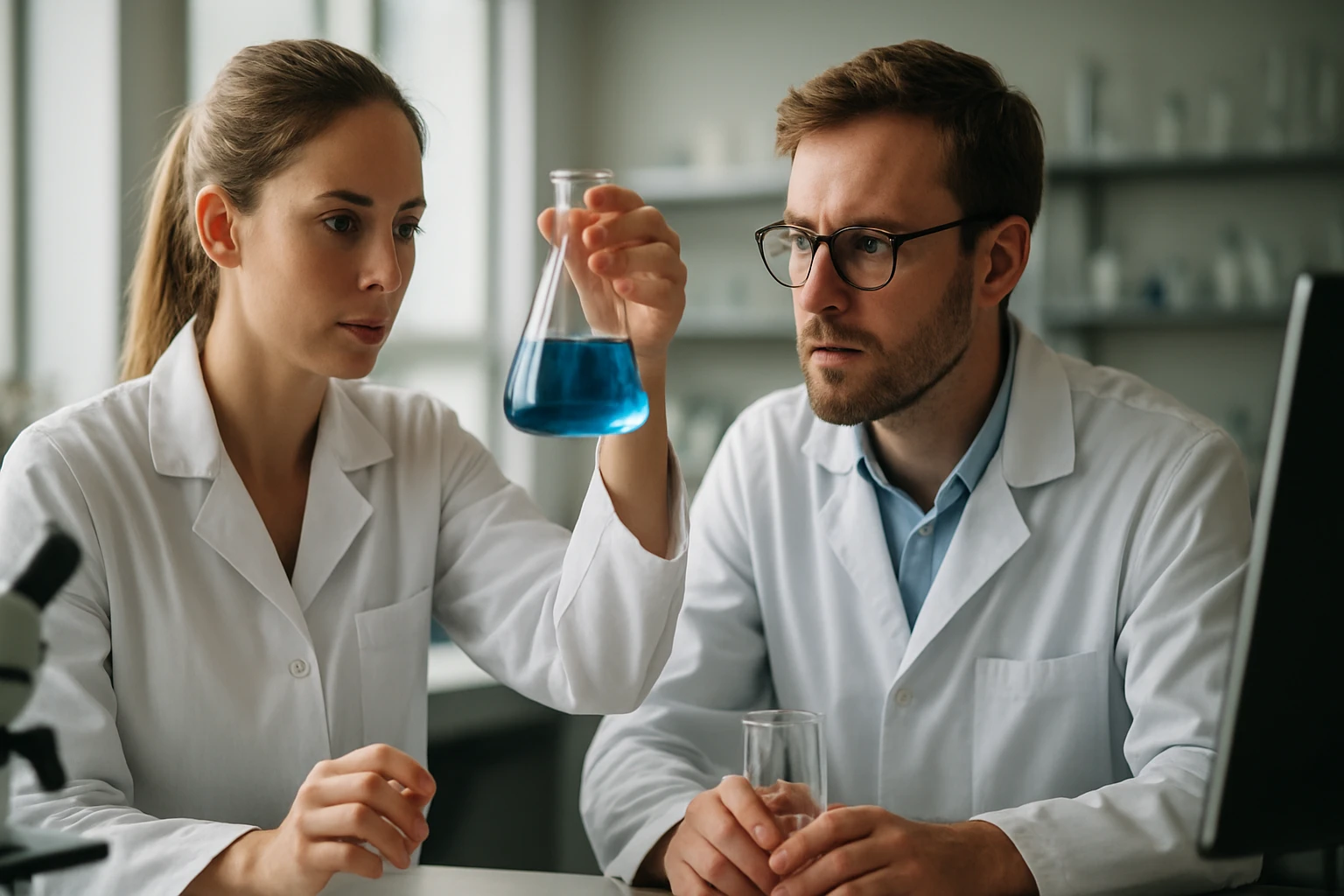 Az izoméria különleges formája: Mit jelent a meridionális izoméria a kémiában? Két tudós laboratóriumban, meridionális izomériát vizsgálva, kék oldatot tartva.
