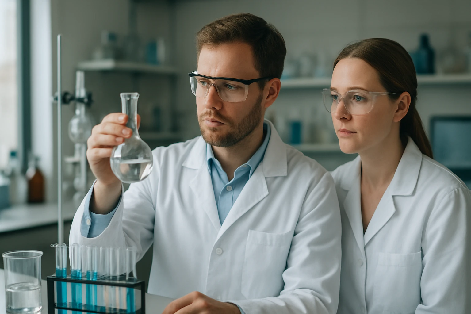 Két kutató laboratóriumban, izoprén polimerizációs kísérletet végeznek.