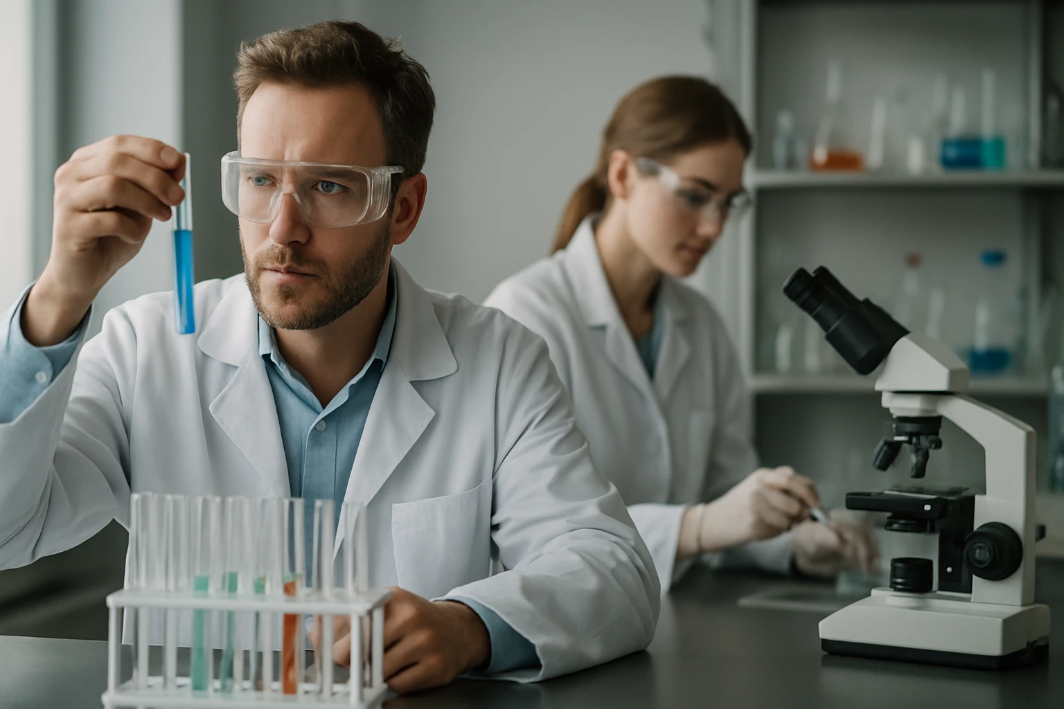 Kémikusok laboratóriumban, kísérletezés közben