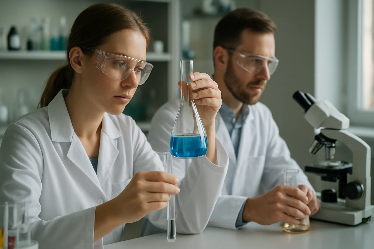 Két kutató laboratóriumban, kémiai méréseket végeznek.