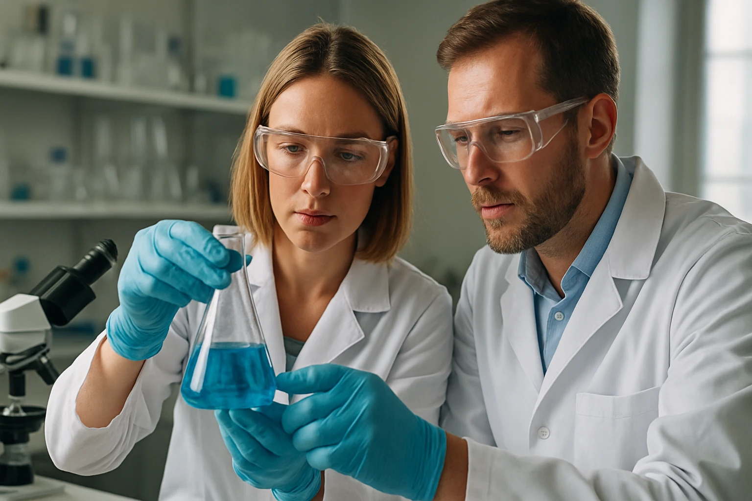 Két tudós laboratóriumban szekunder szénatomról beszélve.