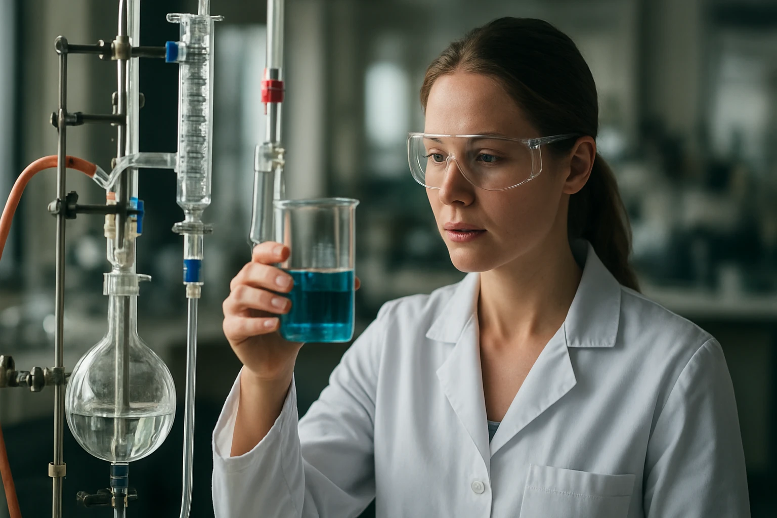 Női kémikus laboratóriumban, kék folyadékkal teli beakerrel, kísérletet végez.
