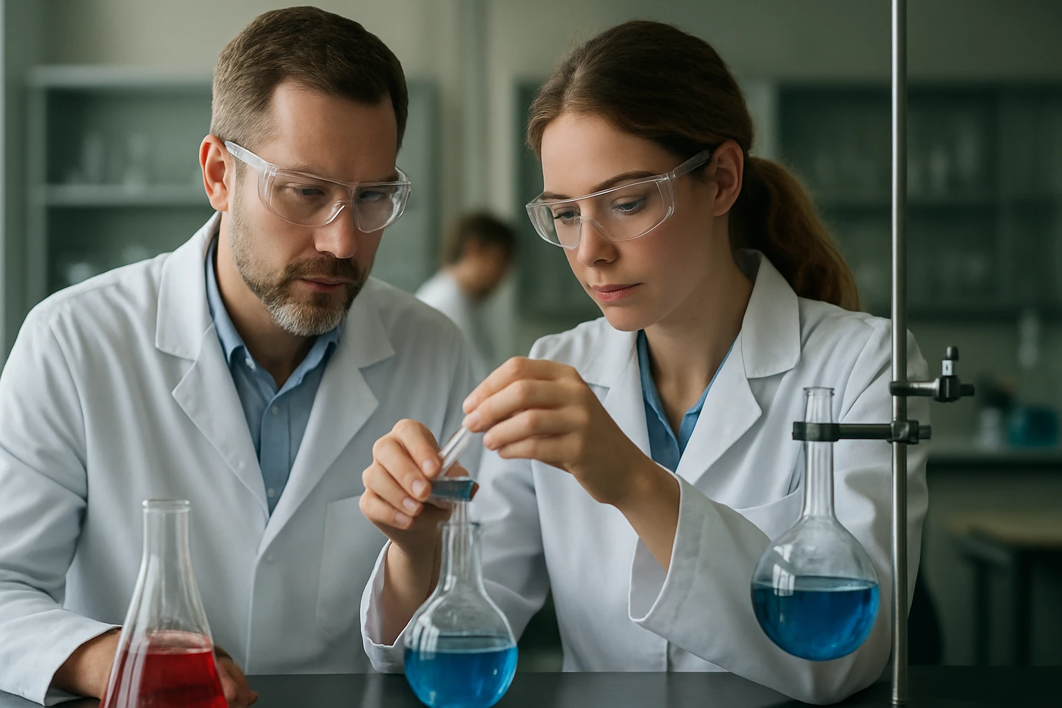 Két tudós kémiai méréseket végez egy laboratóriumban, víz keménysége