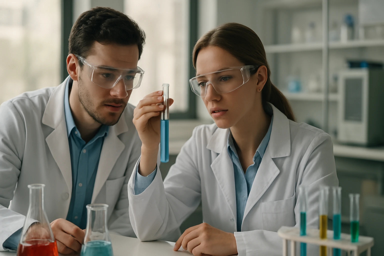 Két tudós laborban kémiai oldhatóságot tanulmányozva.