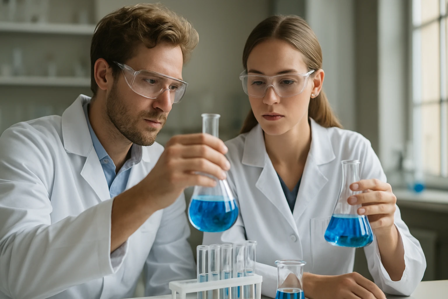 Két kémikus laboratoratóriumi kísérletet végez kék folyadékkal