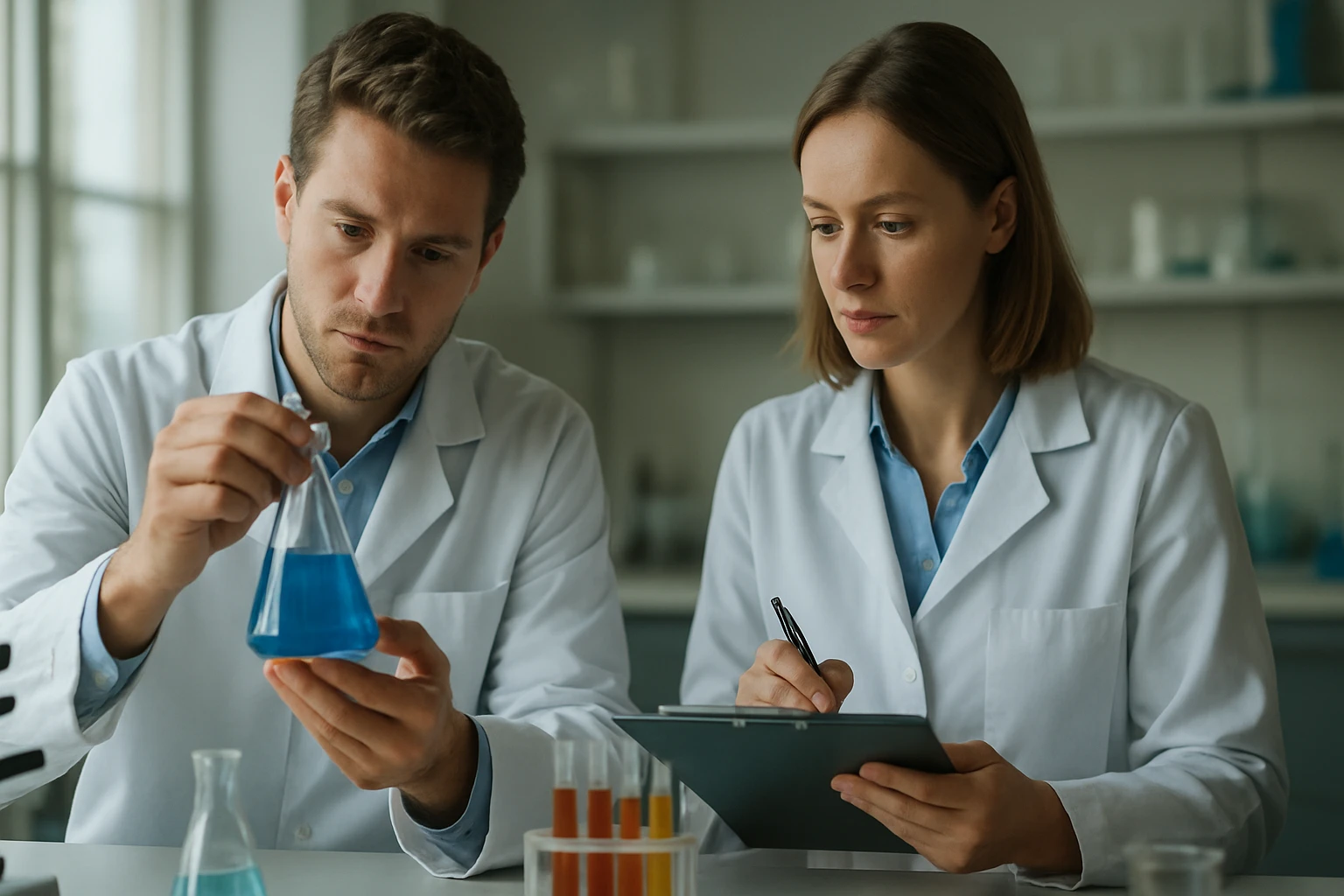 Kémikusok a kolorimetriai kísérleten, színek és mérés tudománya.