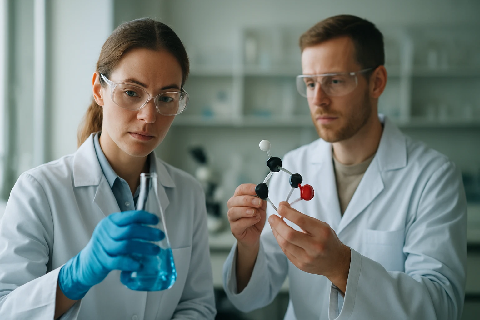 Két tudós laboratóriumban kőolajipari folyamatokat elemezve.