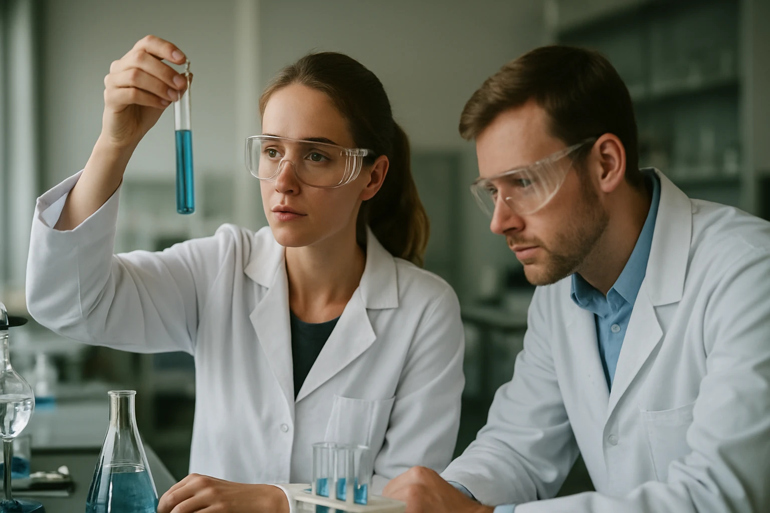 Két kutató laboratóriumi kísérletet végez, betahisztin vizsgálat során.