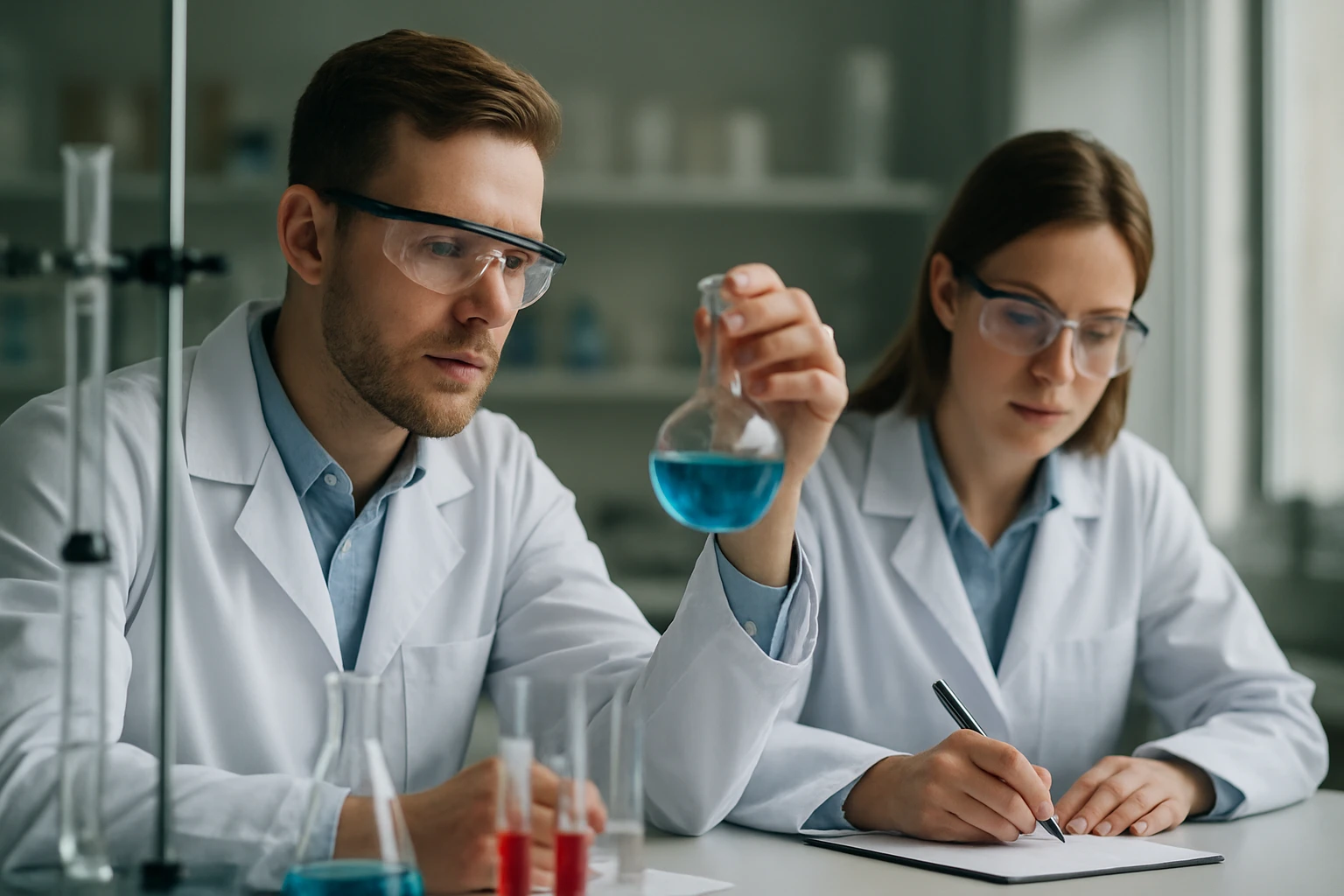 Két tudós laboratóriumi kísérleteket végez lítium-deuteriddel.