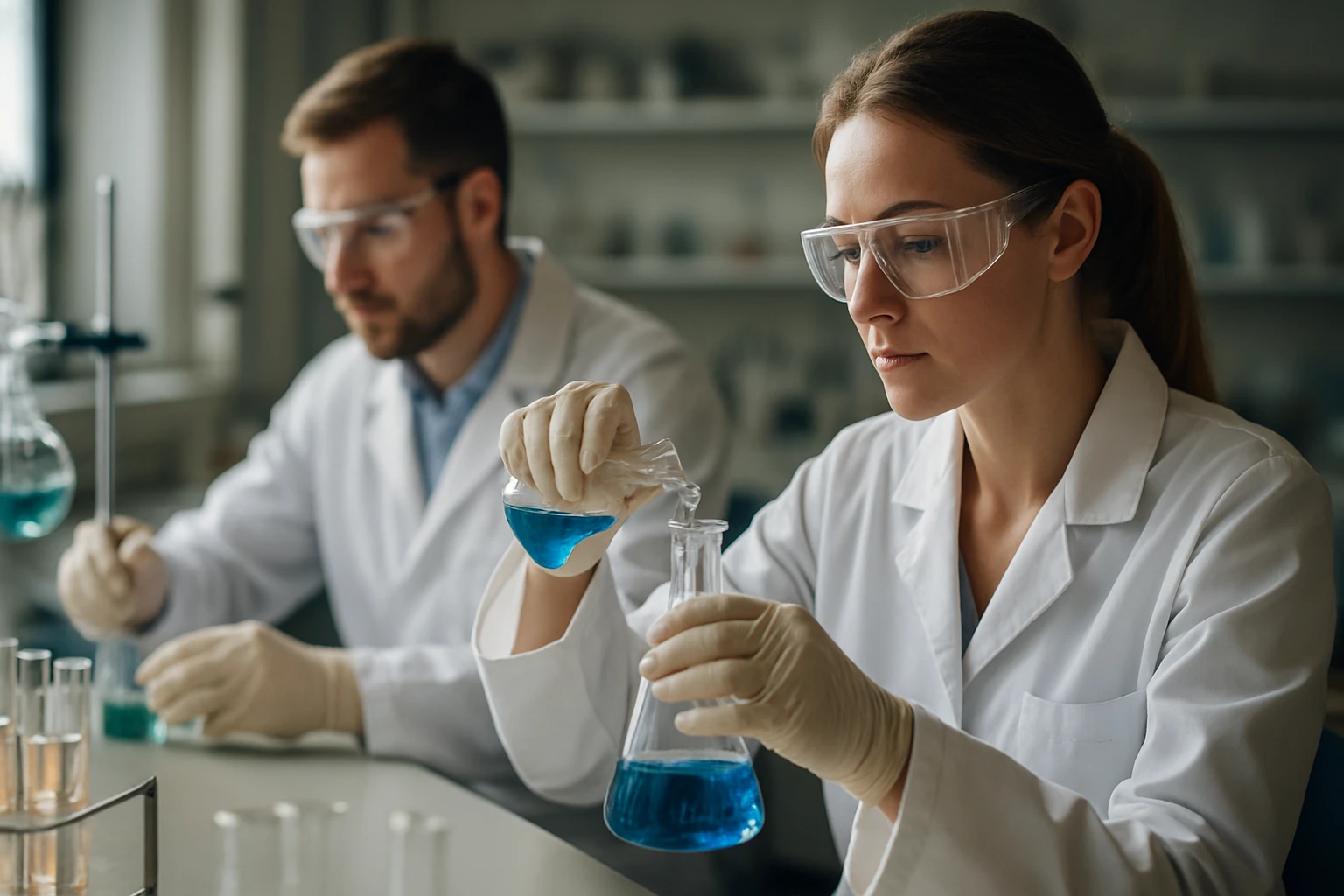 Másodlagos épületegységek (SBU-k): Jelentőségük és Funkcióik Két kutató laboratóriumi környezetben kék folyadékokat kezel.