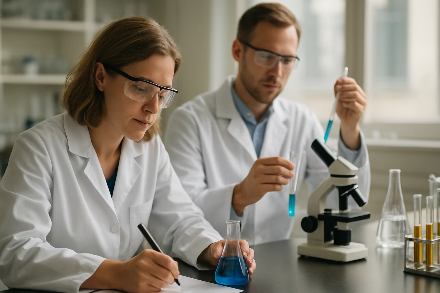 Két kutató a laborban kémiai reakciókat vizsgálva, üvegedényekkel.