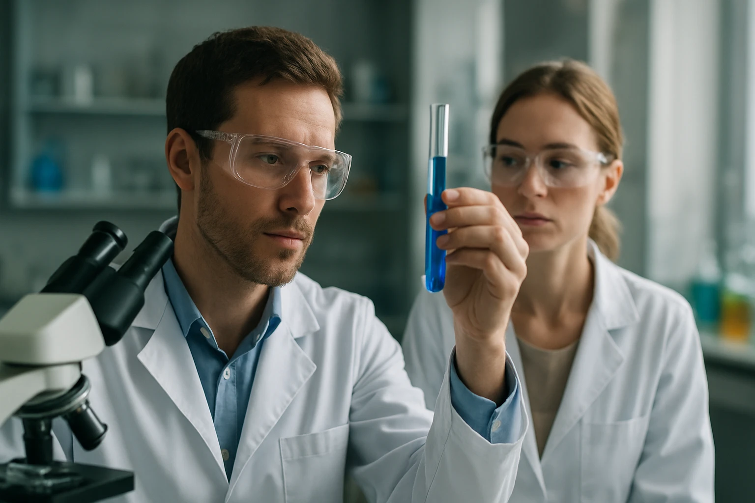 Két tudós laboratóriumban, kék folyadékkal teli kémcsövet vizsgálva.