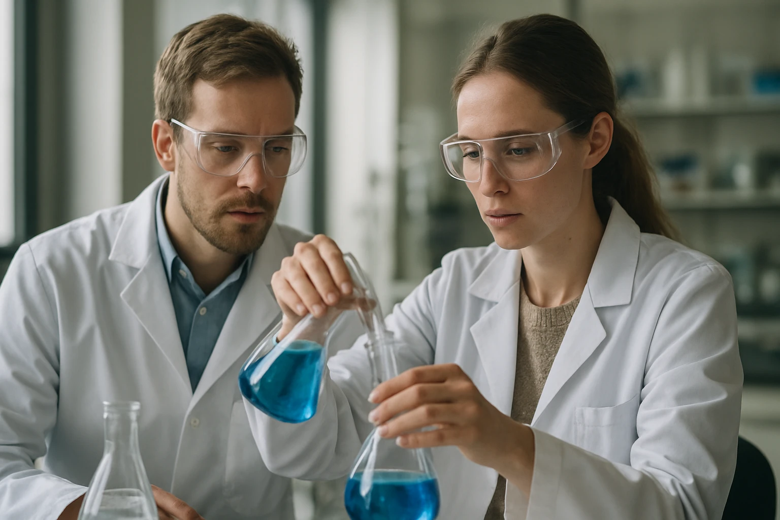 Két kémikus laboratóriumban, kék folyadékokkal végzett kísérlet közben.