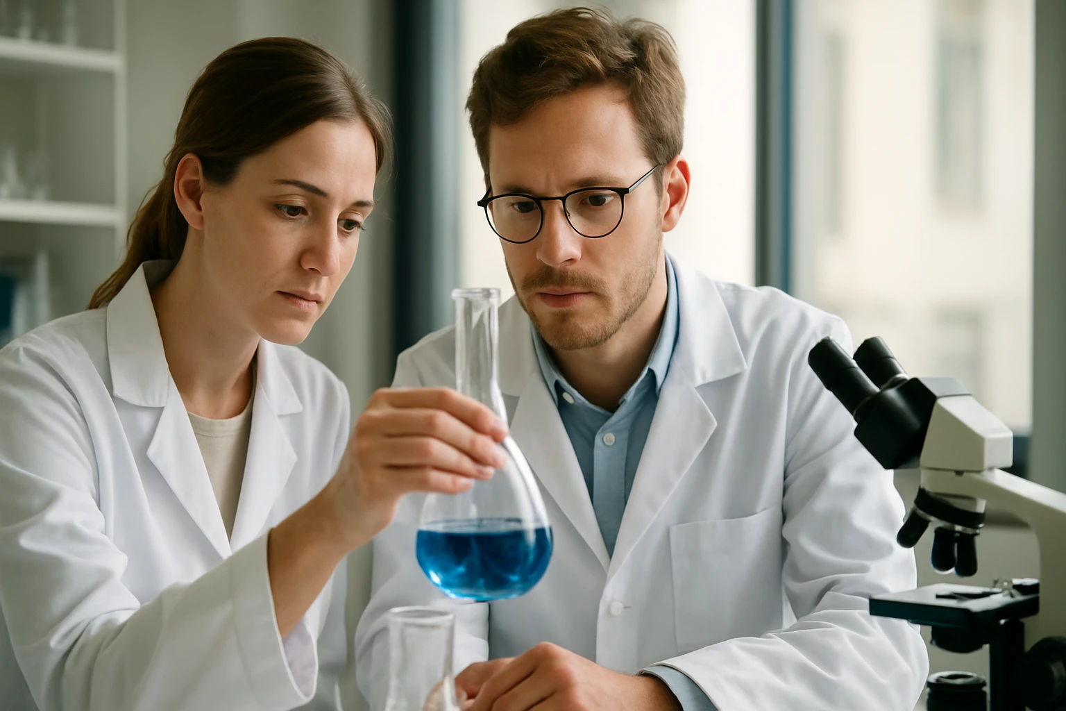 Két kutató vizsgál metil-etil-cellulózt laboratóriumi környezetben.