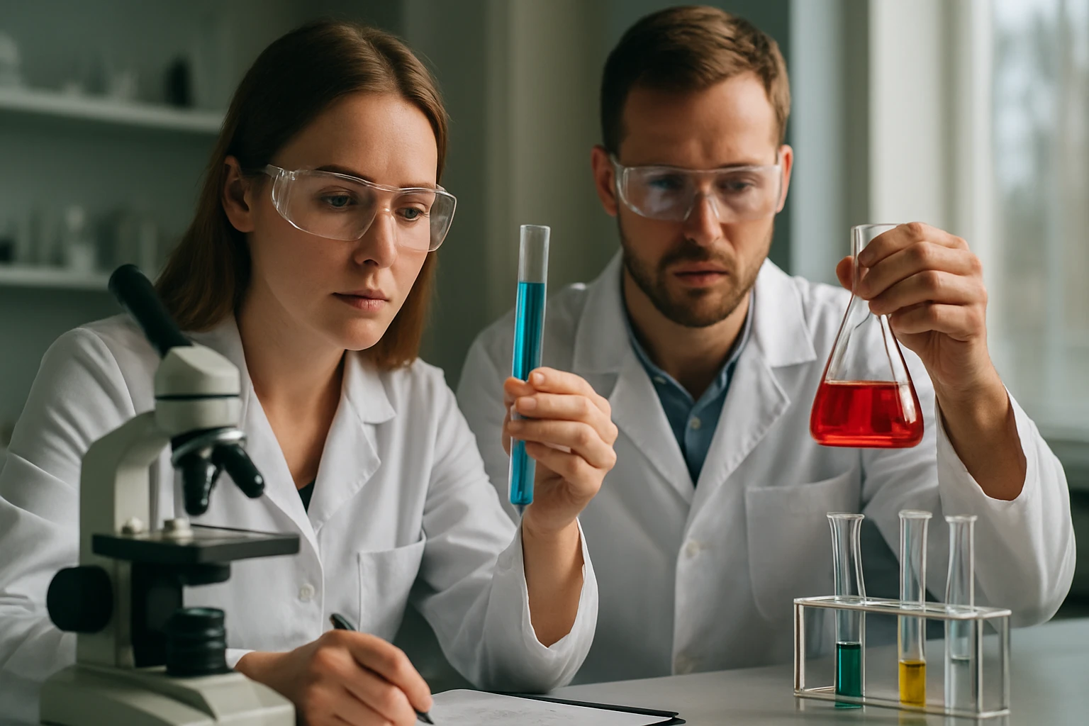 Két vegyész vizsgál egy laboratóriumban, színes folyadékokkal.