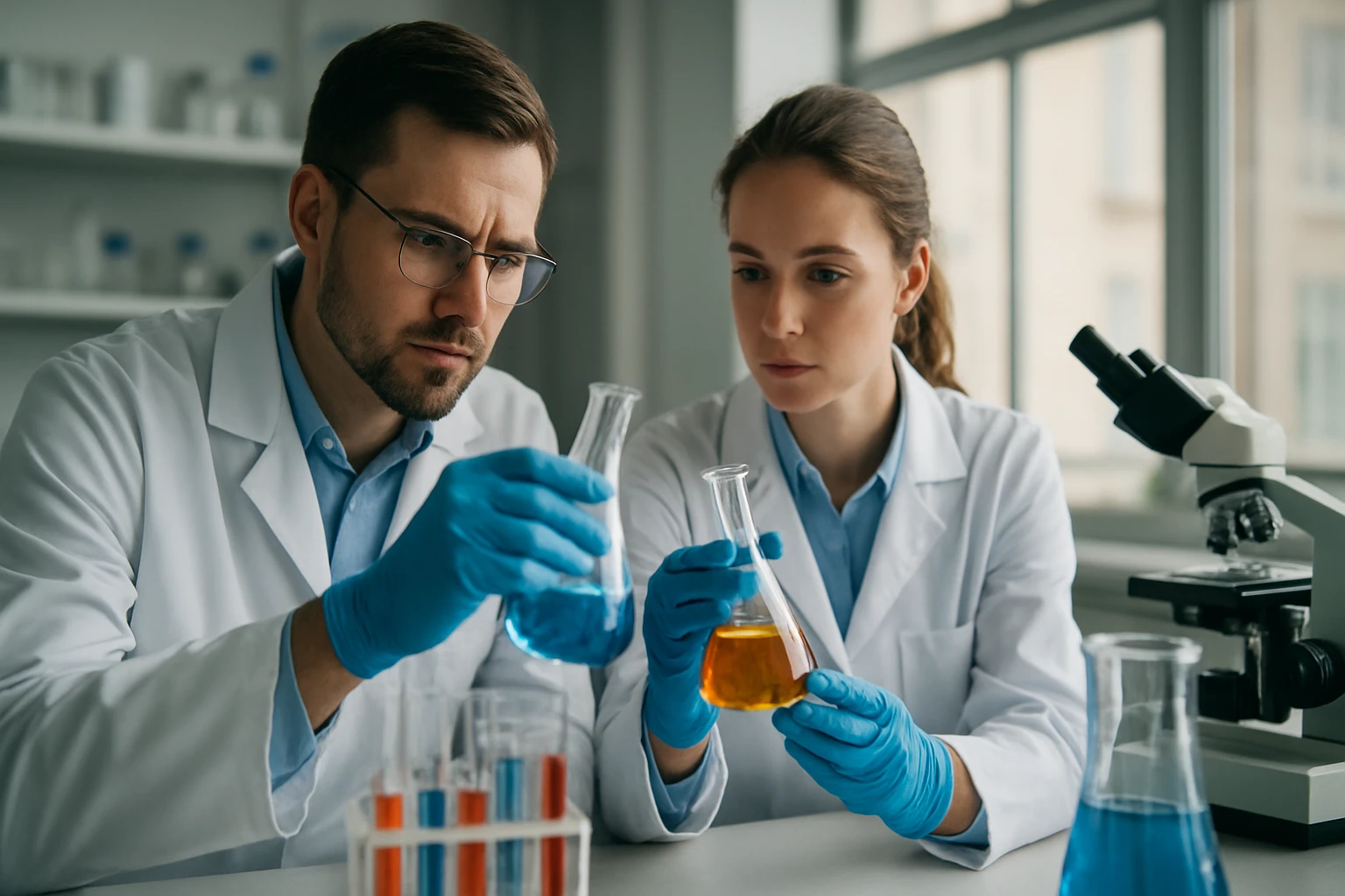 Kémikusok laboratóriumban különböző anyagokat vizsgálnak.