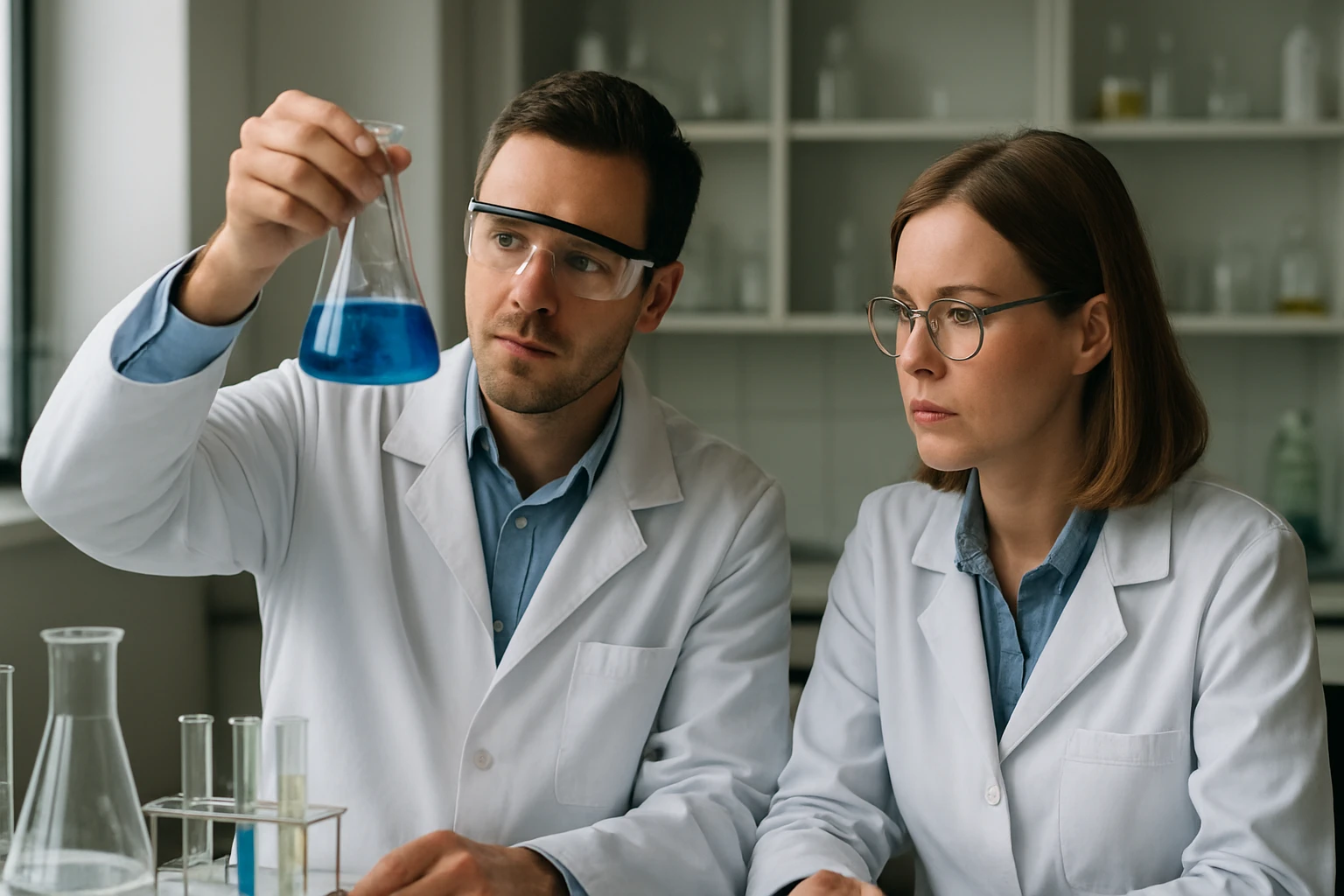 Két kémikus laborkörnyezetben mezitilén oldatot elemez.