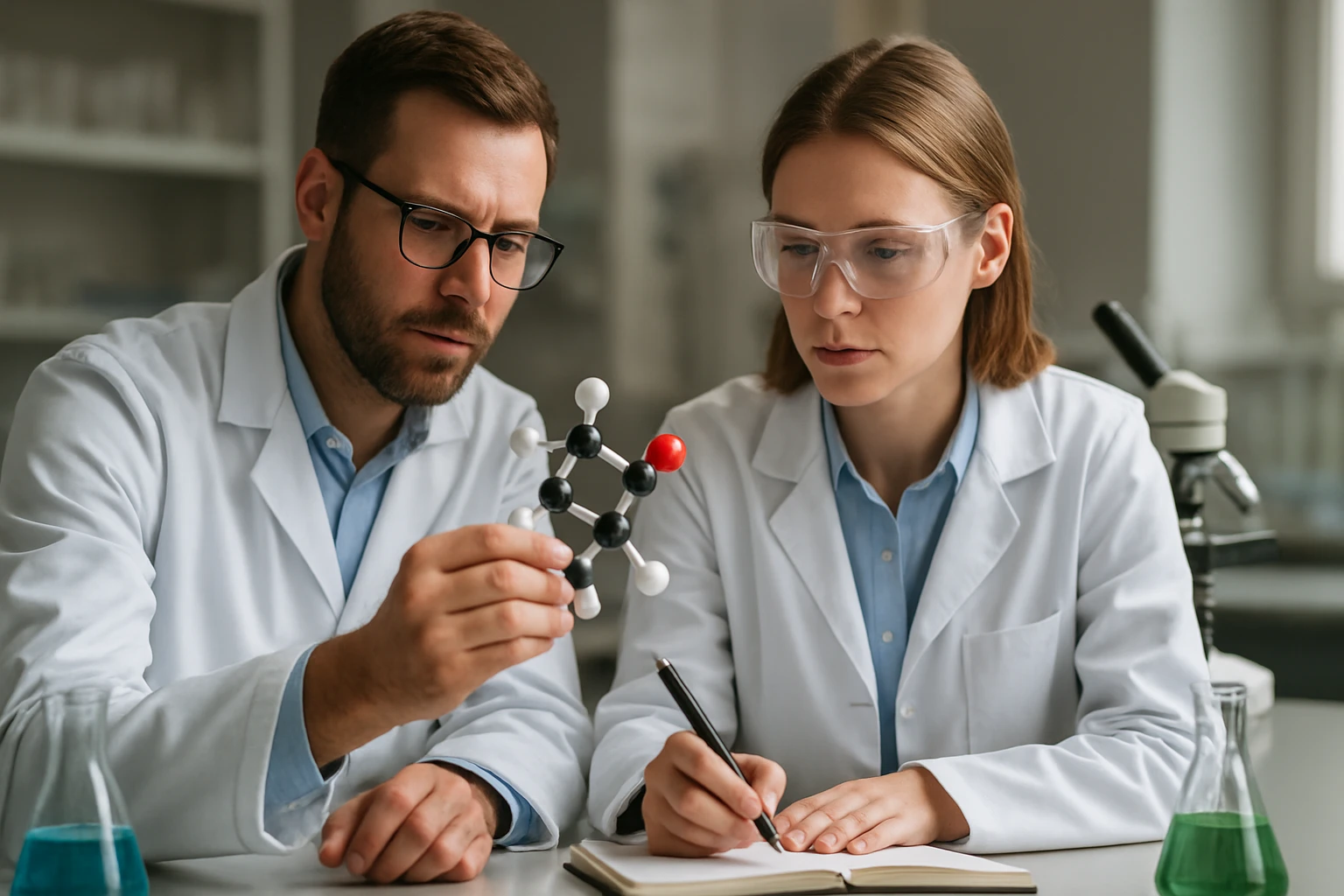 Két kutató borkősav molekulát vizsgál a laboratóriumban