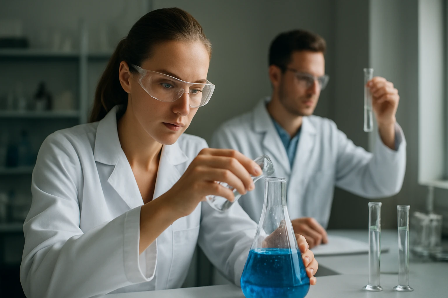 Kémikusok mező-kémiai kísérleteket végeznek laboratóriumban.