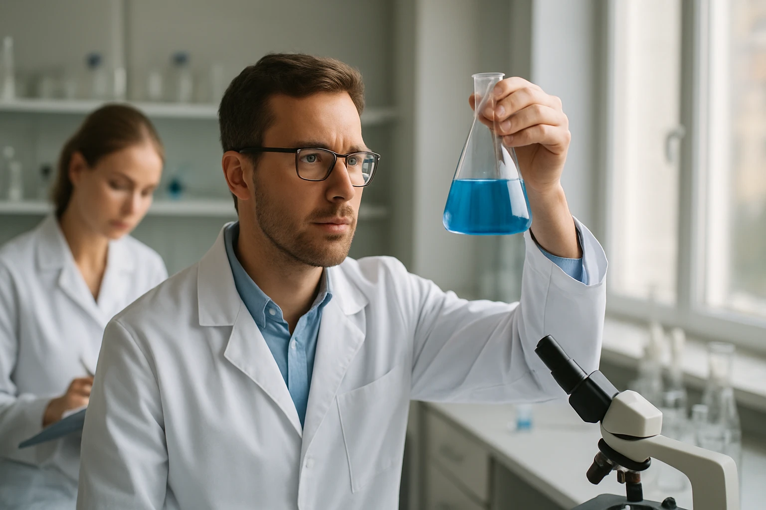 Kémikus kék folyadékot vizsgál egy erlenmeyer flakonban.