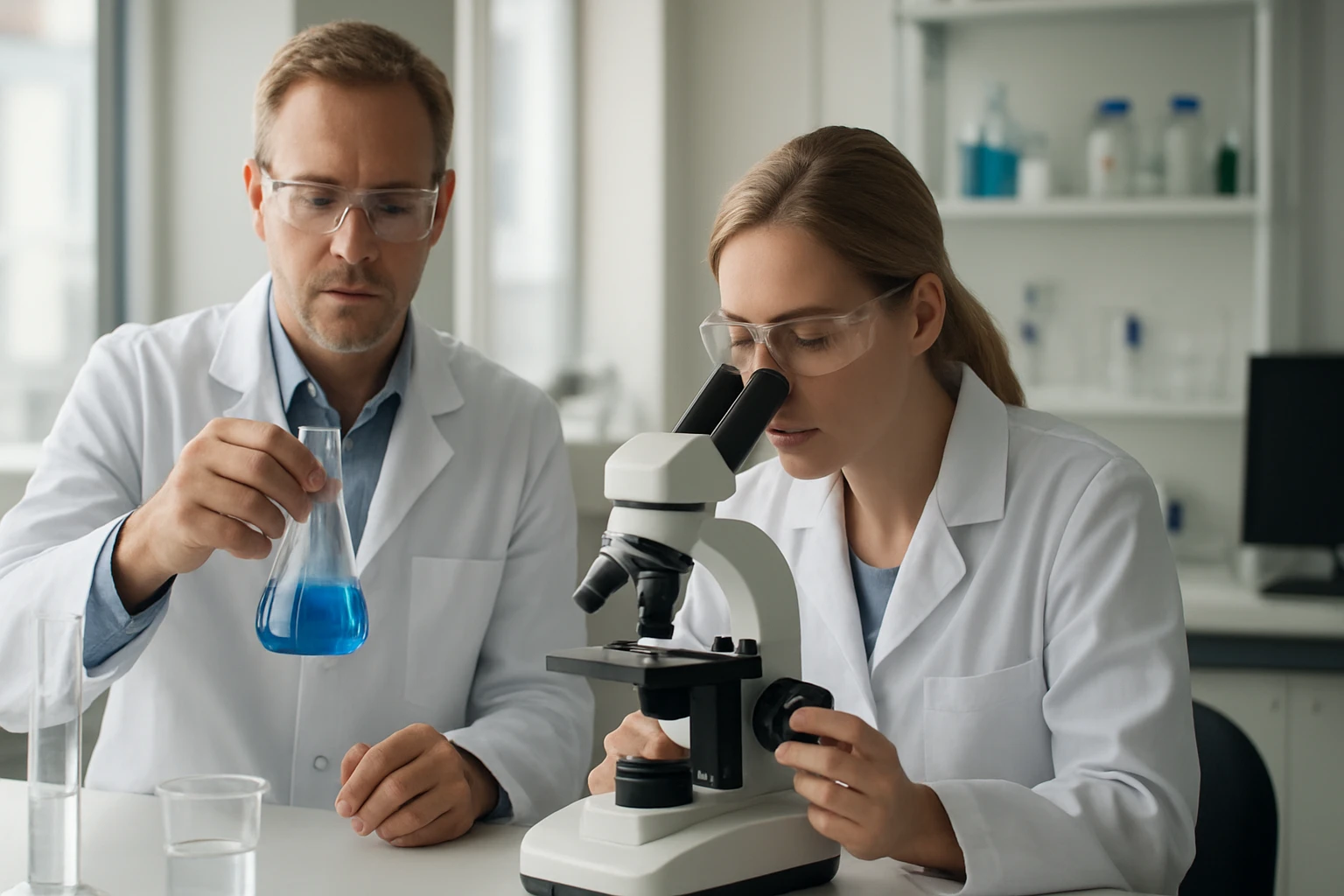 Két kutató laboratóriumban, kémiai kísérletezéssel foglalkozik.