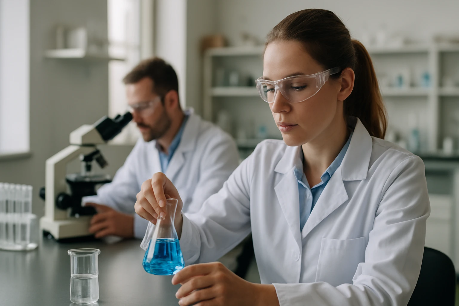 Két laboratóriumi dolgozó kémiai kísérletet végez