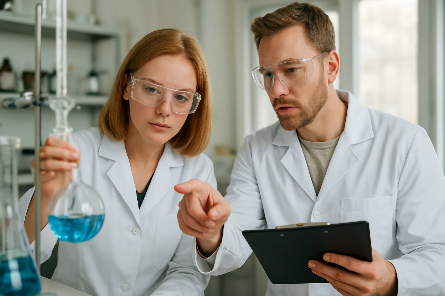 Két tudós laboratóriumban, kémiai kísérlet során dolgoznak.