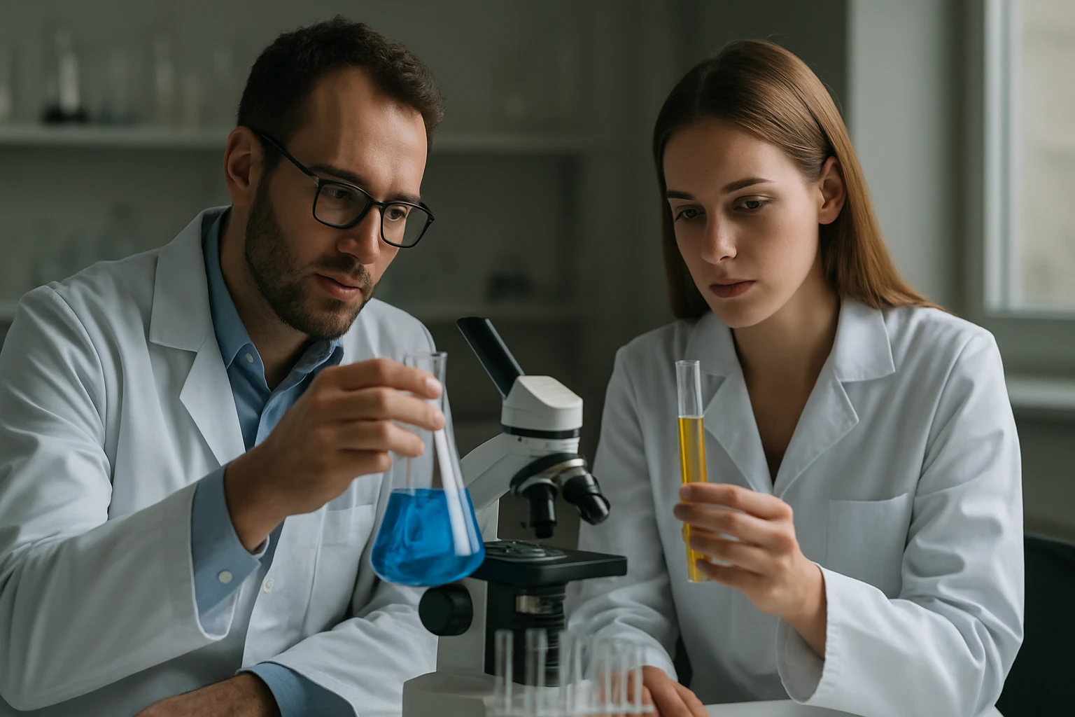 A mirisztinsav: Képlete, jellemzői és előfordulási helyei Két tudós laboratóriumi kísérletet végez, különböző folyadékokat vizsgálva.