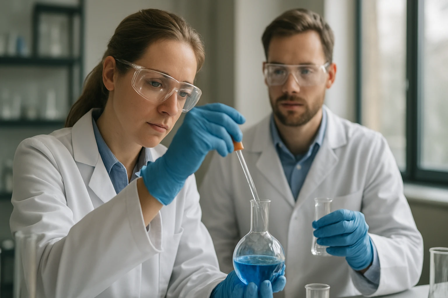 A Mizoroki-Heck reakció: folyamata és gyakorlati alkalmazásai Két tudós laboratóriumi kísérletet végez, Mizoroki-Heck reakcióval