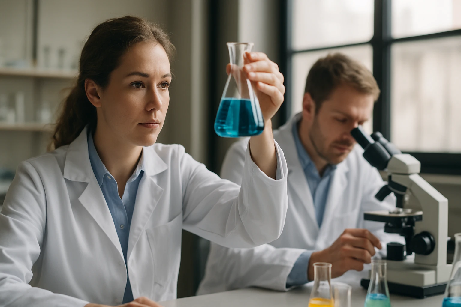 Két kutató laboratóriumban, az egyik kék folyadékot vizsgál.