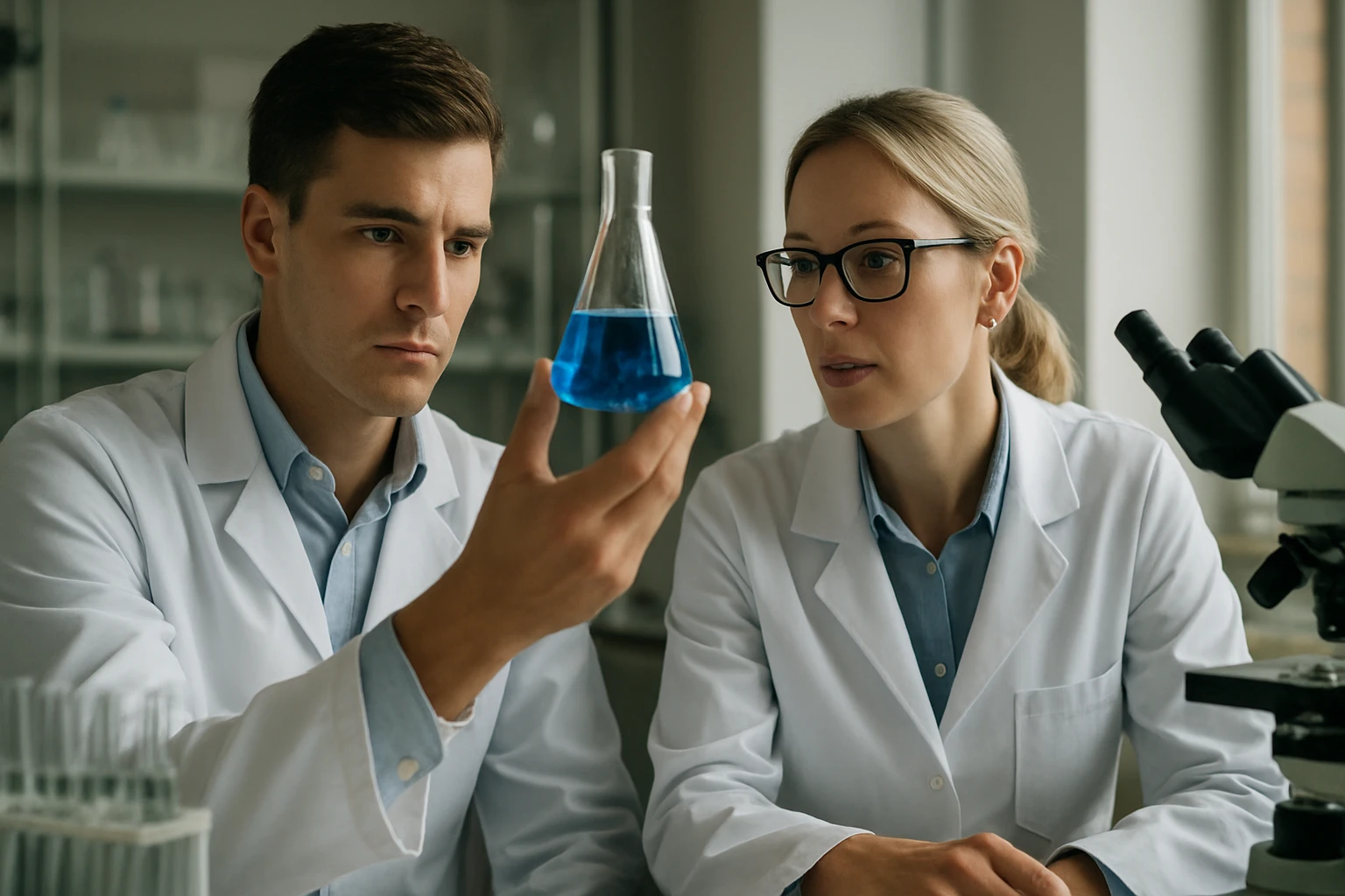 Két kutató egy laboratóriumban, kék oldatot vizsgálva