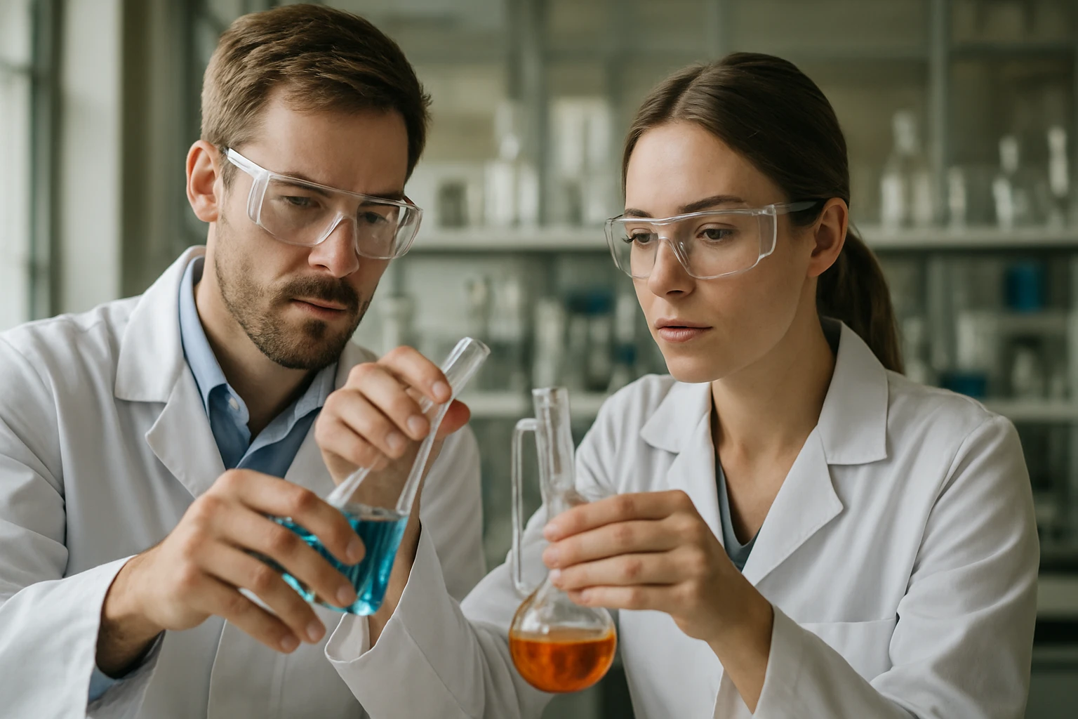 Két kutató laboratóriumban kémiai kísérletet végez