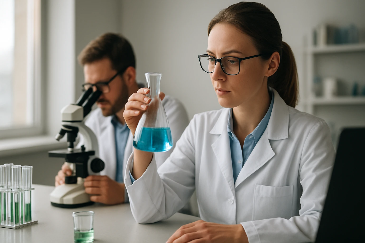 Kutatók laboratóriumban, molibdenit kémiai elemzése